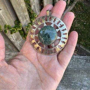 Etched Sterling Silver Sun Pendant Green Semi-Precious Stone Celestial Vintage